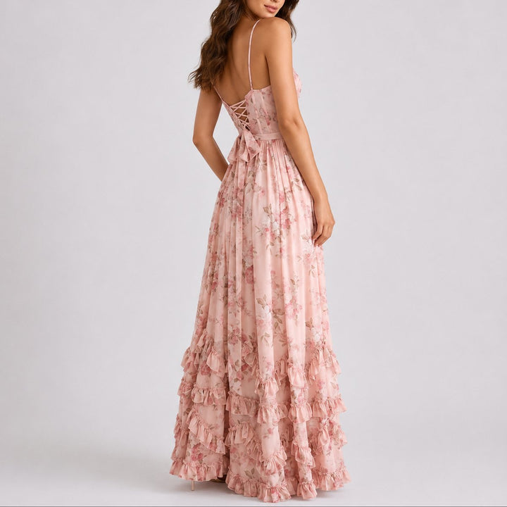 Damen Blumen Korsett Maxi Kleid Hochzeitsgast Abendkleid Rüschen