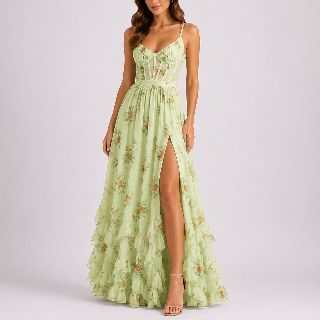Damen Blumen Korsett Maxi Kleid Hochzeitsgast Abendkleid Rüschen - Grün