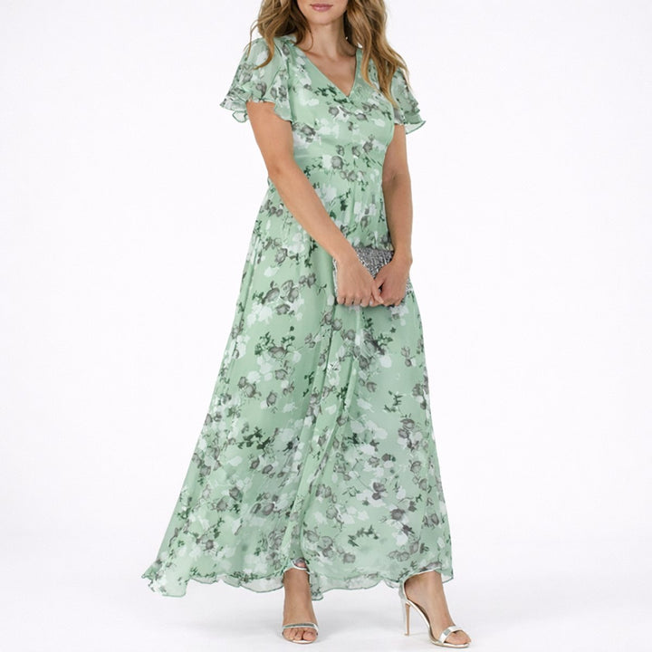 Damen Blumen Maxi Hochzeitsgast Kleid Fließend V-Ausschnitt - Grün
