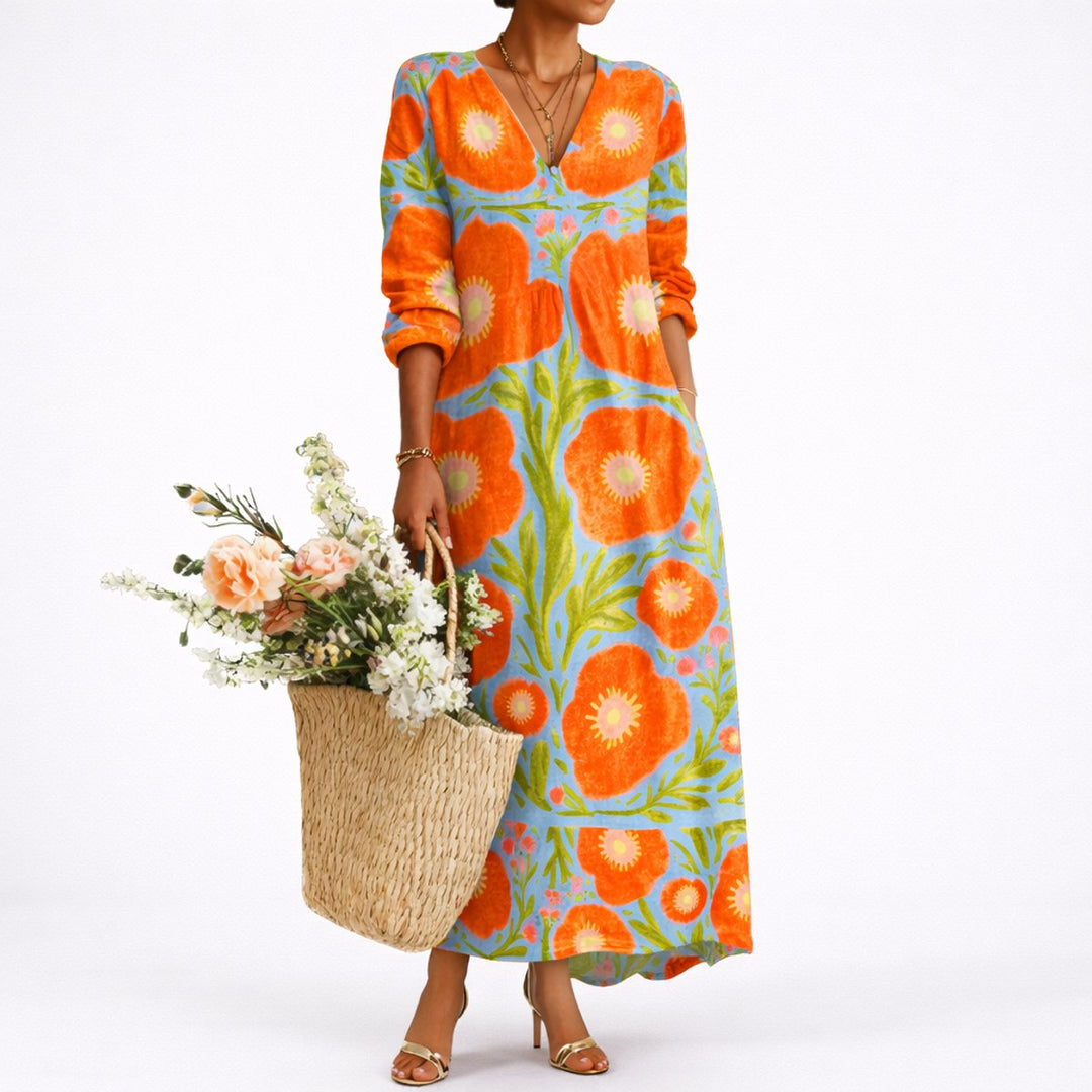Damen Blumen Maxi Hochzeitskleid elegantes Herbst Gäste Kleid V-Ausschnitt - Mehrfarbig