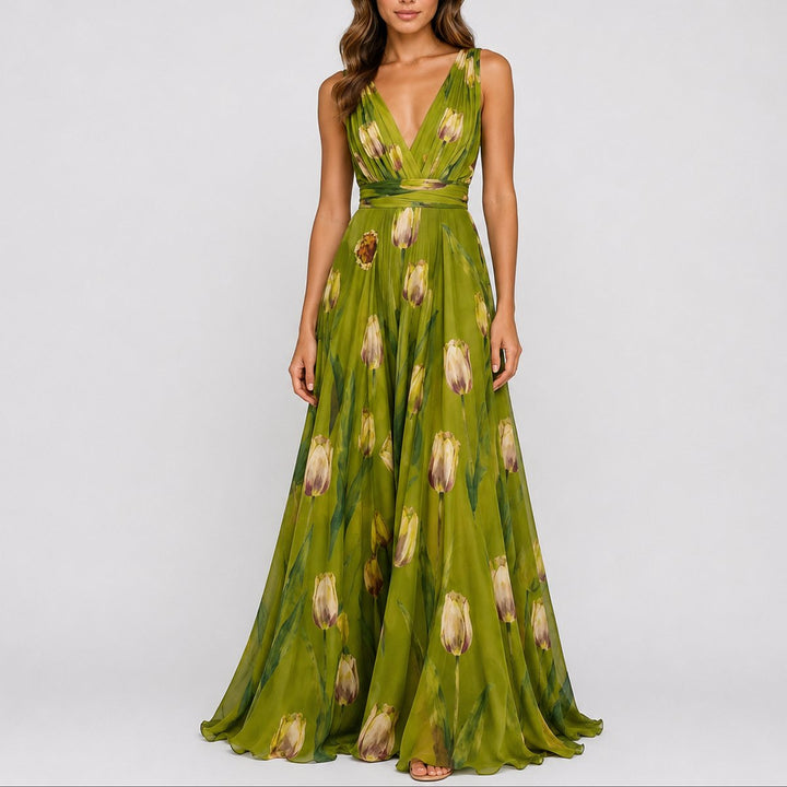 Damen Blumen Maxi Hochzeitskleid Gast V-Ausschnitt Chiffon Abendkleid - Grün