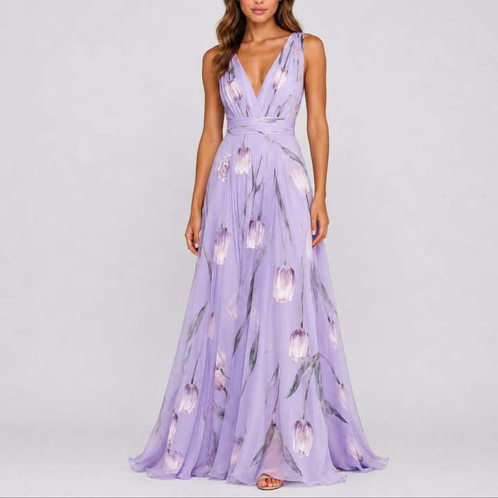 Damen Blumen Maxi Hochzeitskleid Gast V-Ausschnitt Chiffon Abendkleid - Lila