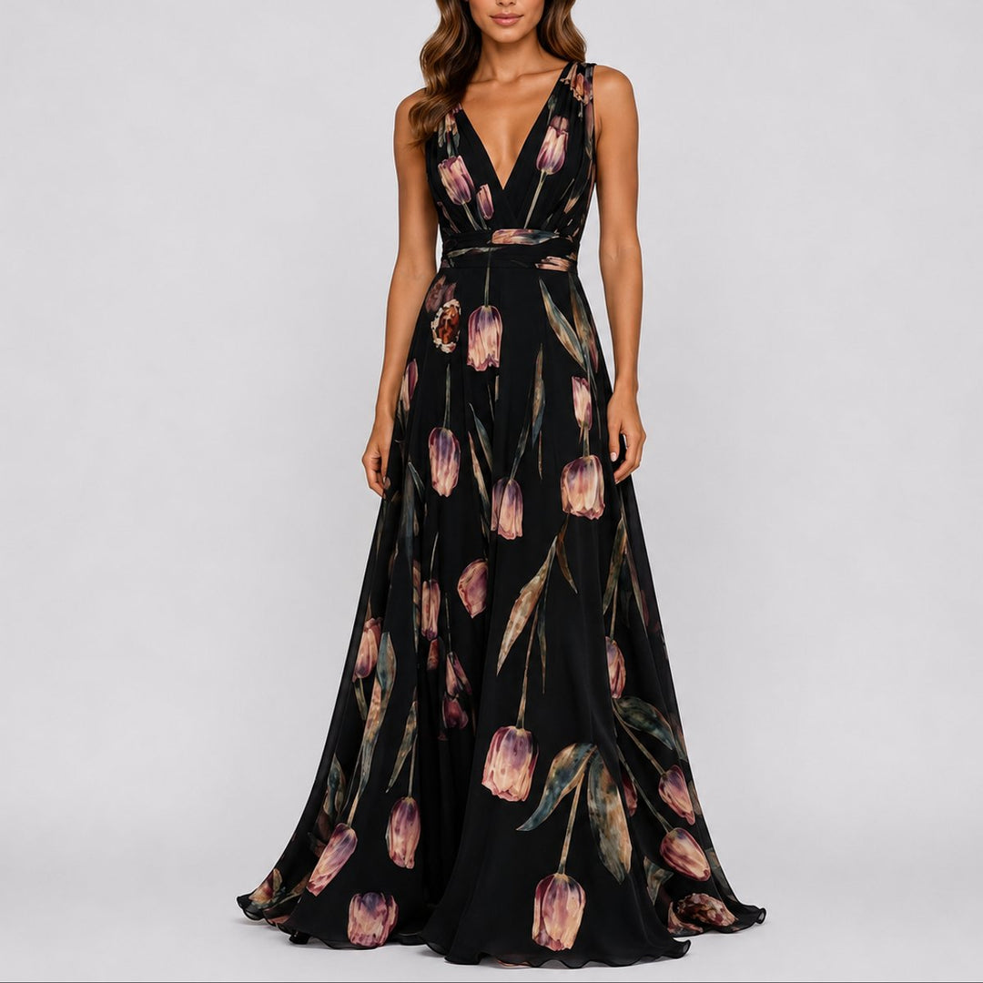 Damen Blumen Maxi Hochzeitskleid Gast V-Ausschnitt Chiffon Abendkleid - Schwarz