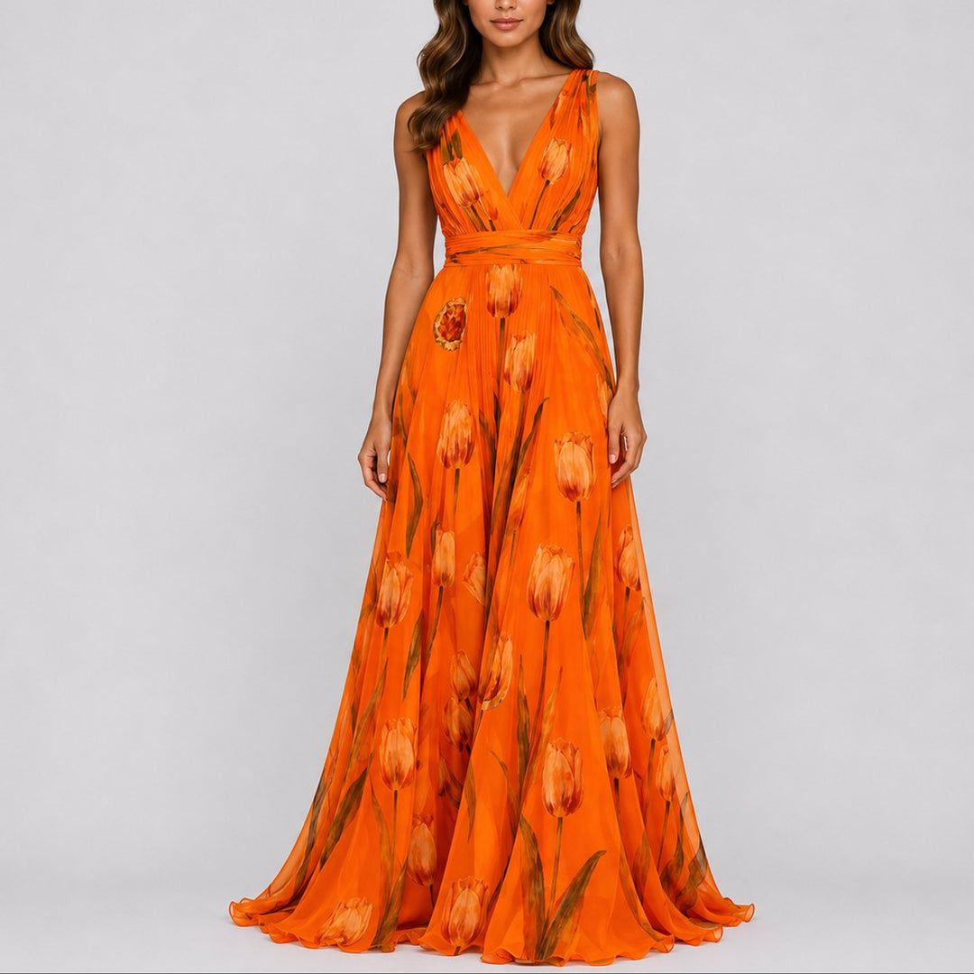 Damen Blumen Maxi Hochzeitskleid Gast V-Ausschnitt Chiffon Abendkleid - Orange