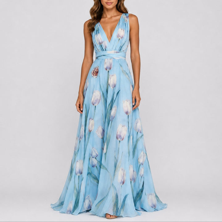Damen Blumen Maxi Hochzeitskleid Gast V-Ausschnitt Chiffon Abendkleid - Hellblau