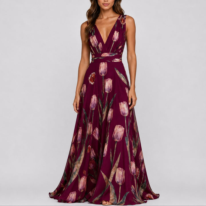 Damen Blumen Maxi Hochzeitskleid Gast V-Ausschnitt Chiffon Abendkleid - Rot
