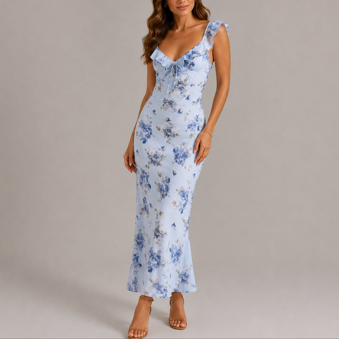 Damen Blumen Maxi Hochzeitskleid Rüschenträger V-Ausschnitt - Blau