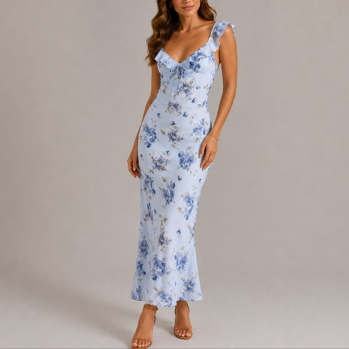 Damen Blumen Maxi Hochzeitskleid Rüschenträger V-Ausschnitt - Blau