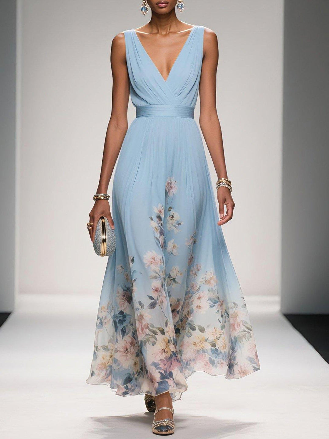 Damen Blumen Maxikleid V-Ausschnitt Ärmellos - Light Blue