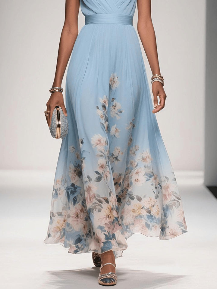 Damen Blumen Maxikleid V-Ausschnitt Ärmellos