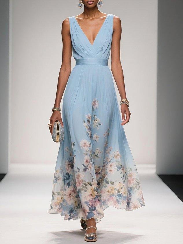 Damen Blumen Maxikleid V-Ausschnitt Ärmellos