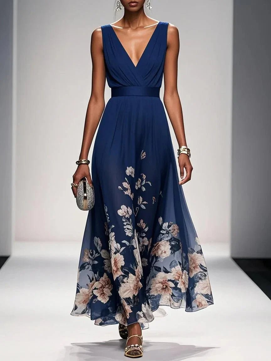 Damen Blumen Maxikleid V-Ausschnitt Ärmellos - Navy Blue