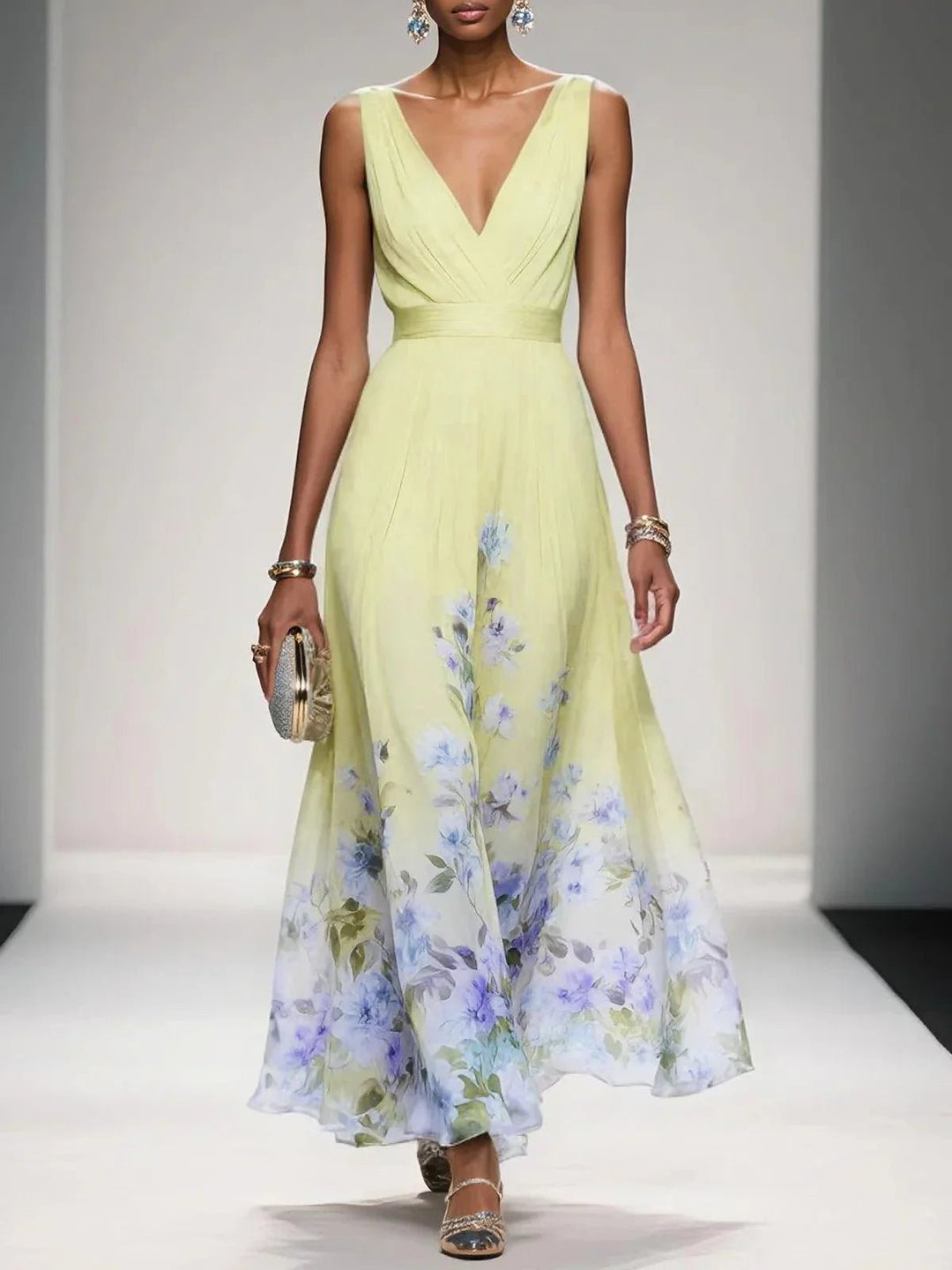 Damen Blumen Maxikleid V-Ausschnitt Ärmellos - Yellow