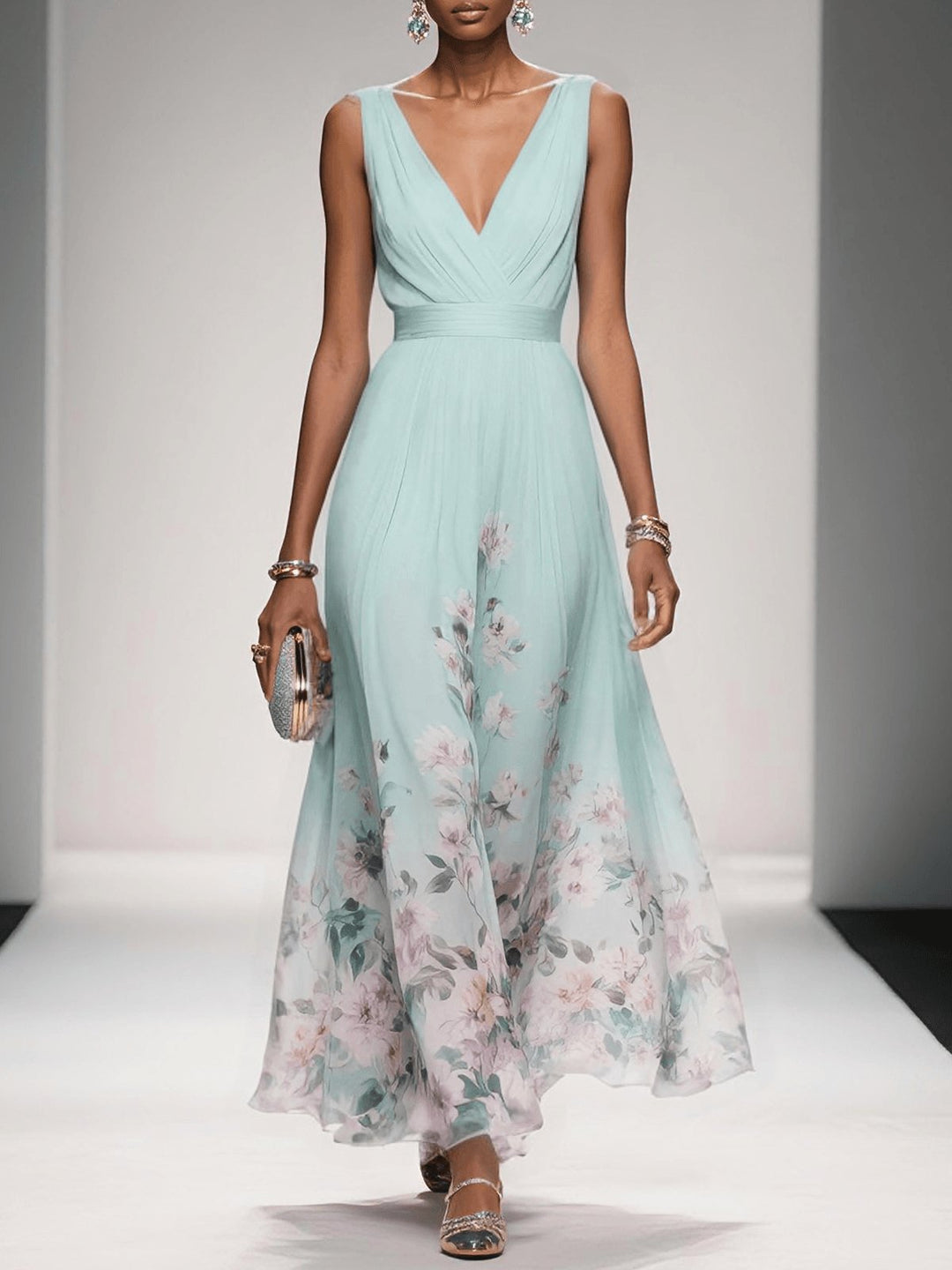 Damen Blumen Maxikleid V-Ausschnitt Ärmellos - Light Green