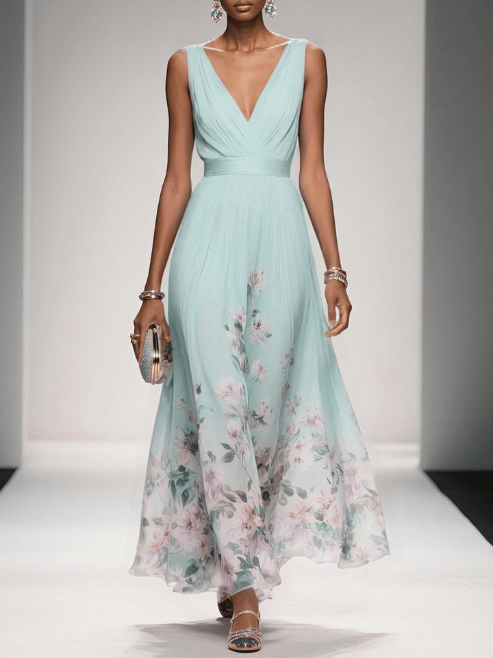 Damen Blumen Maxikleid V-Ausschnitt Ärmellos - Light Green