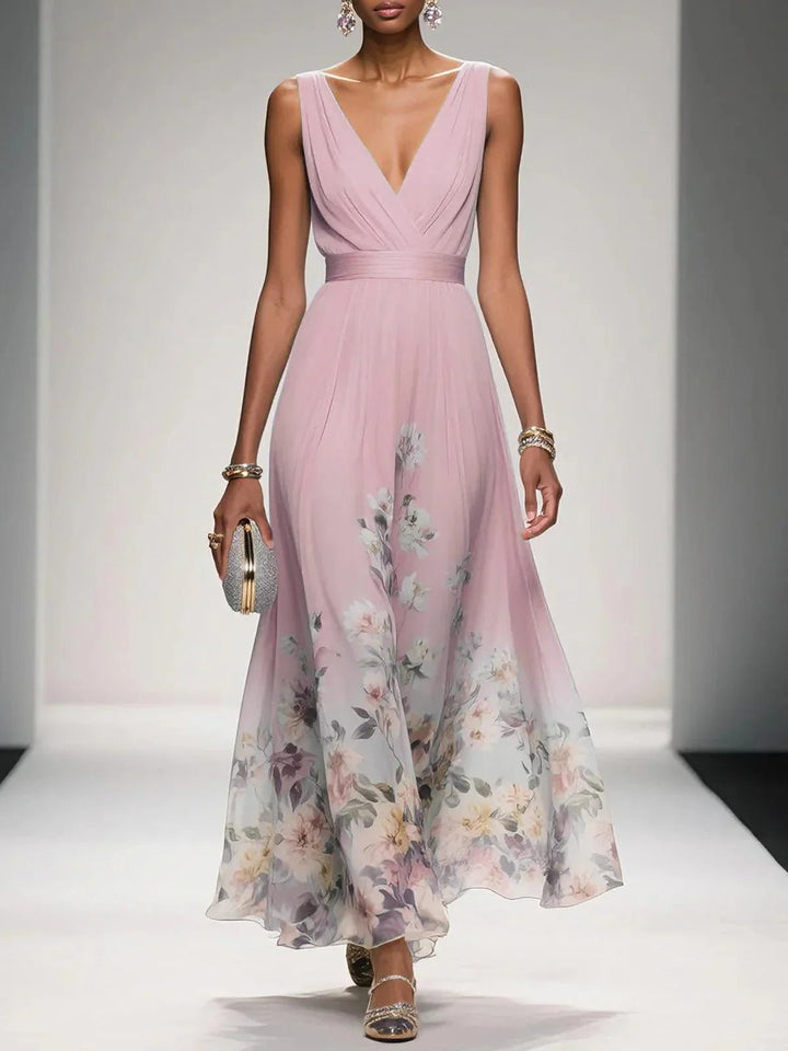 Damen Blumen Maxikleid V-Ausschnitt Ärmellos - Pink