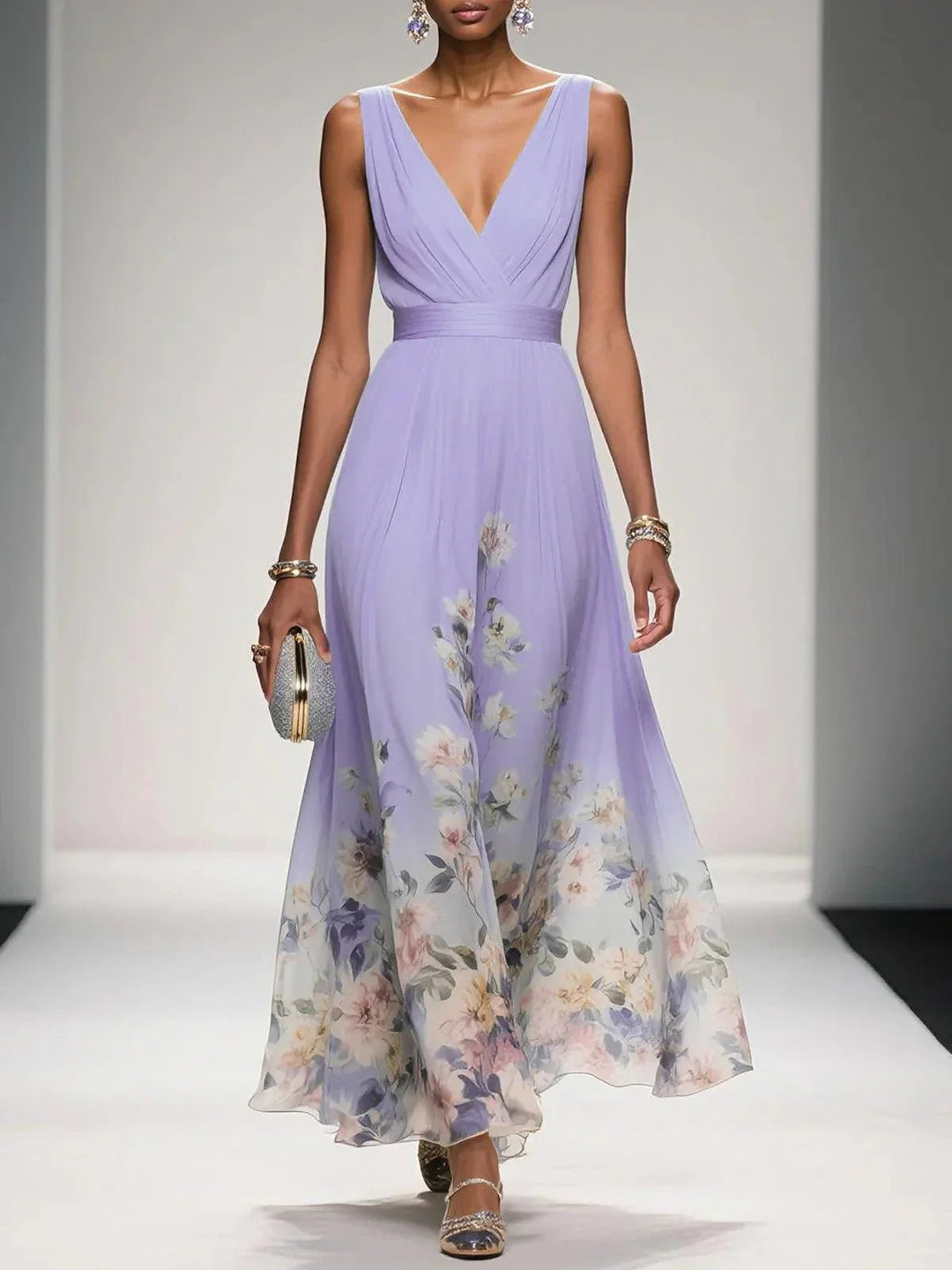 Damen Blumen Maxikleid V-Ausschnitt Ärmellos - Purple