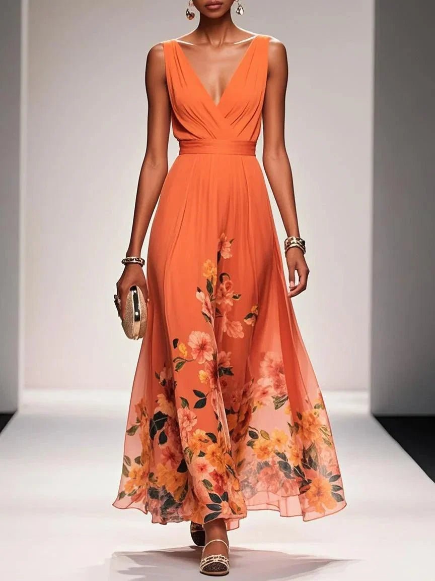 Damen Blumen Maxikleid V-Ausschnitt Ärmellos - Orange