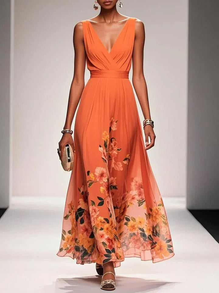 Damen Blumen Maxikleid V-Ausschnitt Ärmellos - Orange