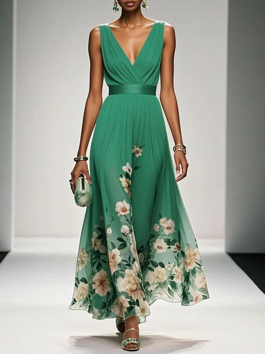 Damen Blumen Maxikleid V-Ausschnitt Ärmellos - Green