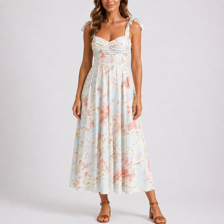 Damen Blumen Midi Kleid für Hochzeitsgäste im Herbst A-Linie - Blumenmuster