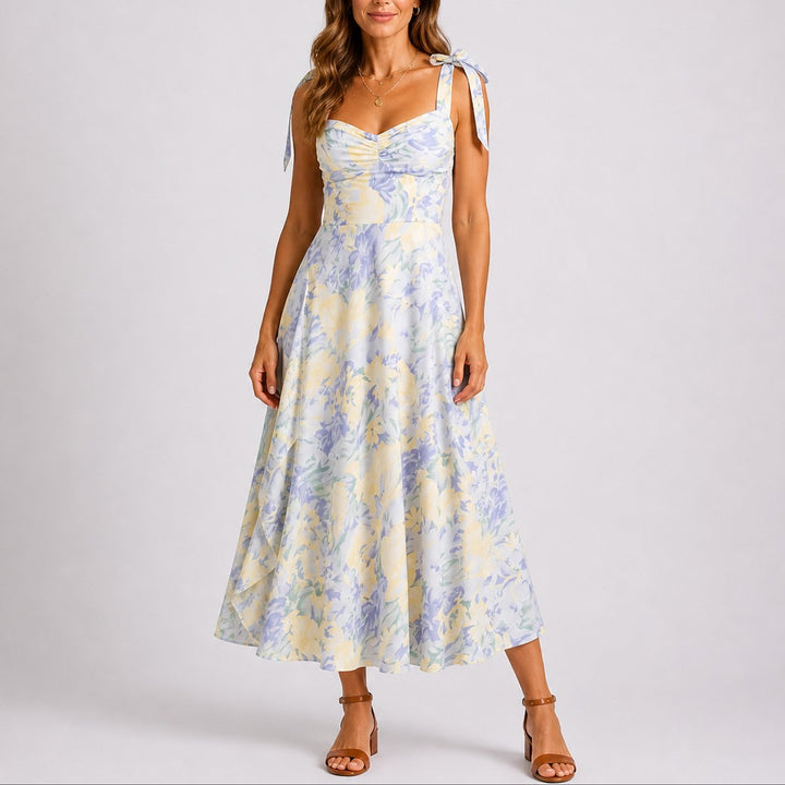 Damen Blumen Midi Kleid für Hochzeitsgäste im Herbst A-Linie - Blumenmuster Weiß