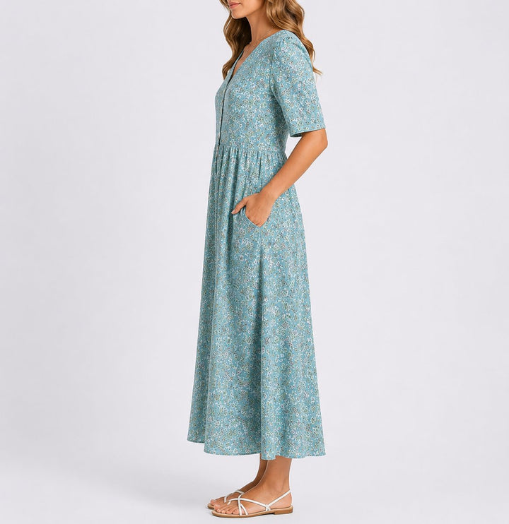 Damen Blumen Midi Kleid Herbst Hochzeitsgast elegantes Sommerkleid