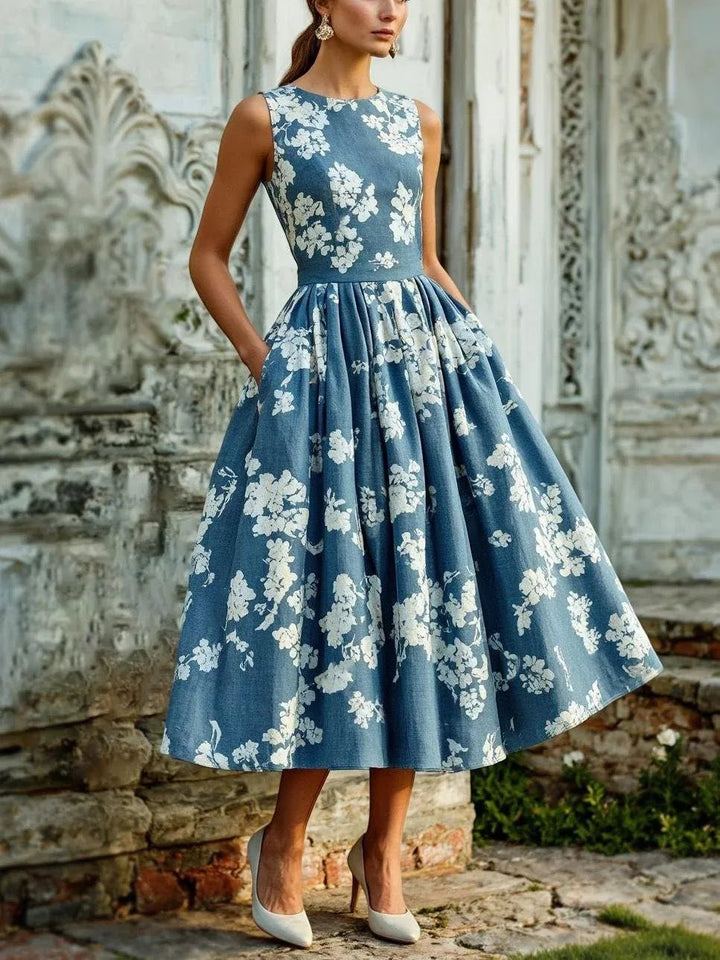 Damen Blumen Midi Kleid Schulterfreier A-Linien Schnitt Baumwoll-Leinen - Blue