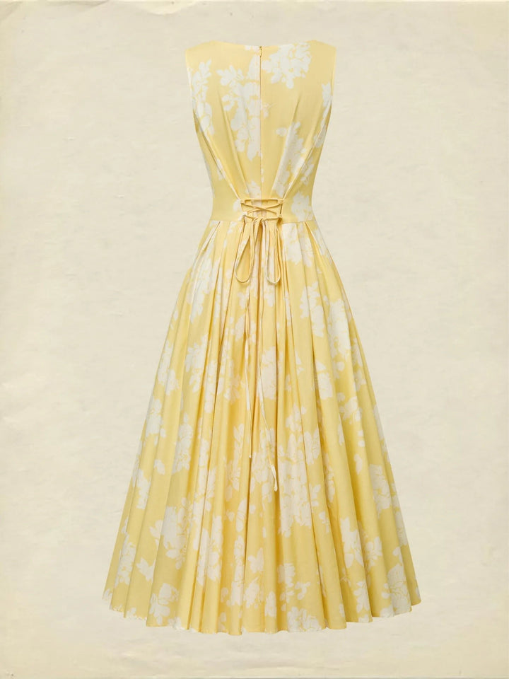 Damen Blumen Midi Kleid Schulterfreier A-Linien Schnitt Baumwoll-Leinen