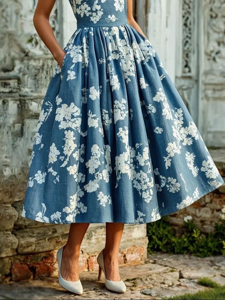 Damen Blumen Midi Kleid Schulterfreier A-Linien Schnitt Baumwoll-Leinen