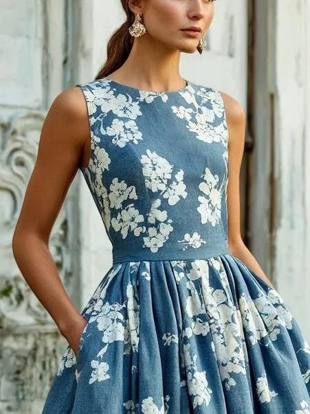 Damen Blumen Midi Kleid Schulterfreier A-Linien Schnitt Baumwoll-Leinen