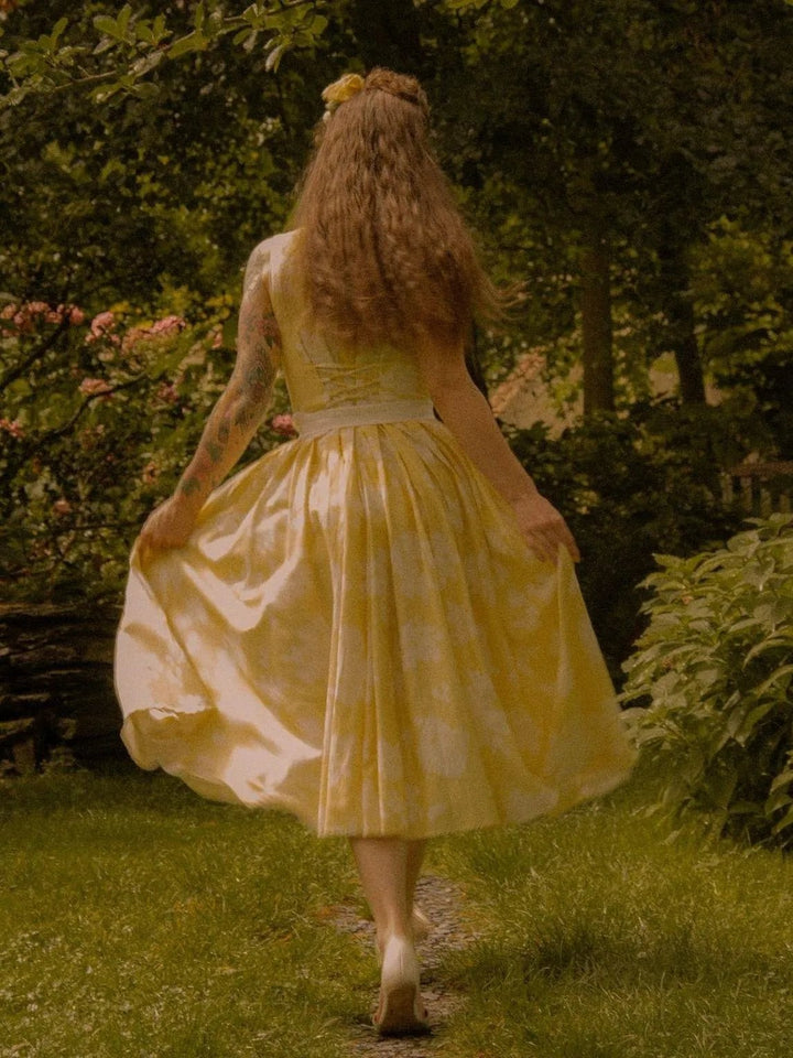 Damen Blumen Midi Kleid Schulterfreier A-Linien Schnitt Baumwoll-Leinen