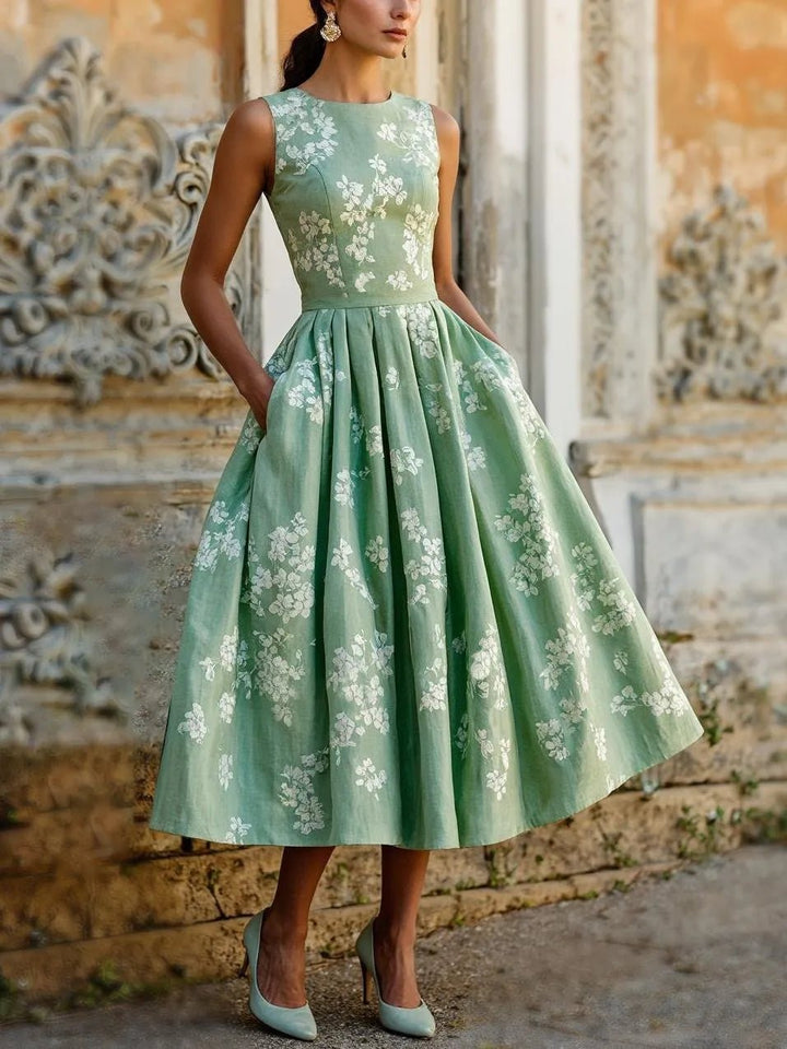 Damen Blumen Midi Kleid Schulterfreier A-Linien Schnitt Baumwoll-Leinen - Green
