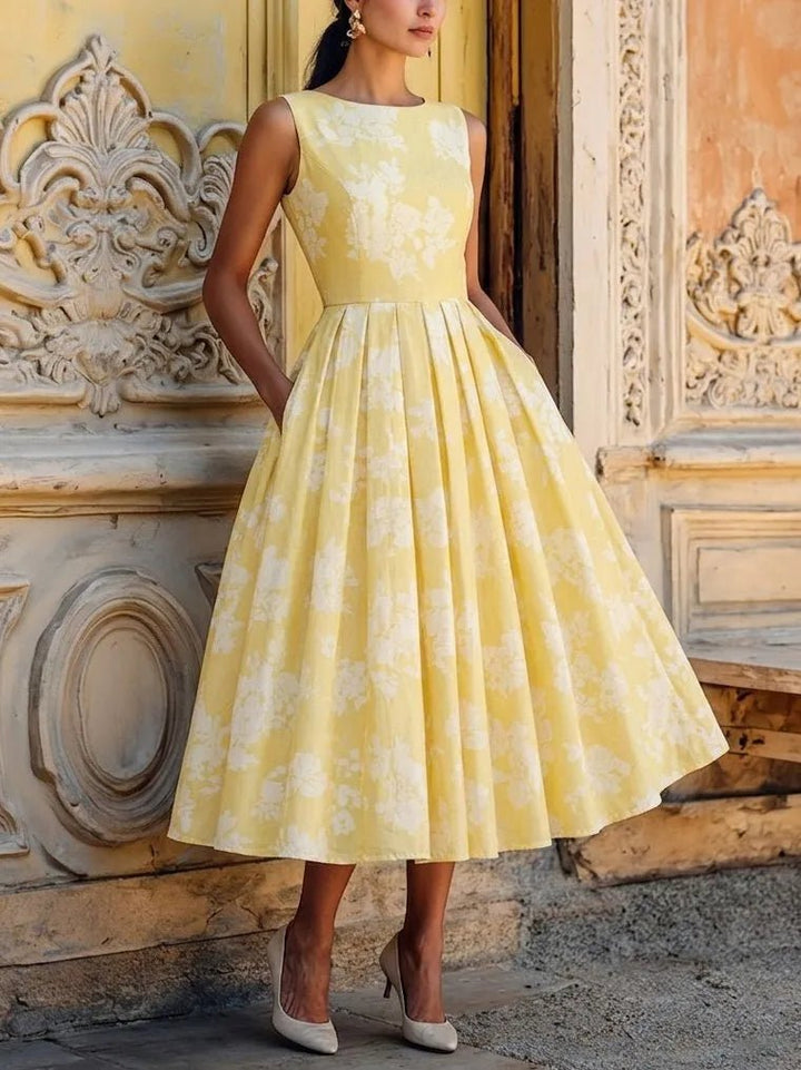 Damen Blumen Midi Kleid Schulterfreier A-Linien Schnitt Baumwoll-Leinen - Yellow