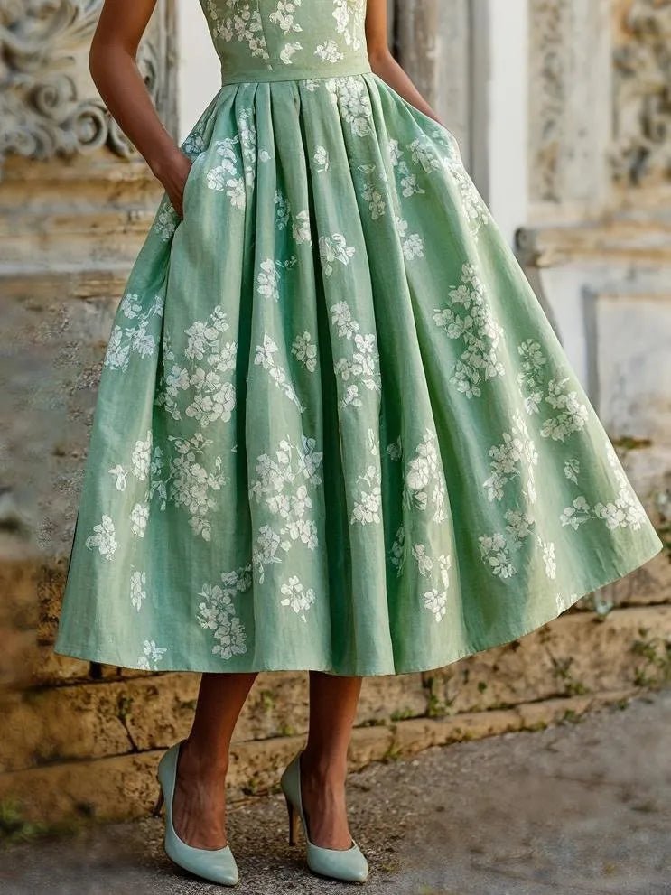 Damen Blumen Midi Kleid Schulterfreier A-Linien Schnitt Baumwoll-Leinen