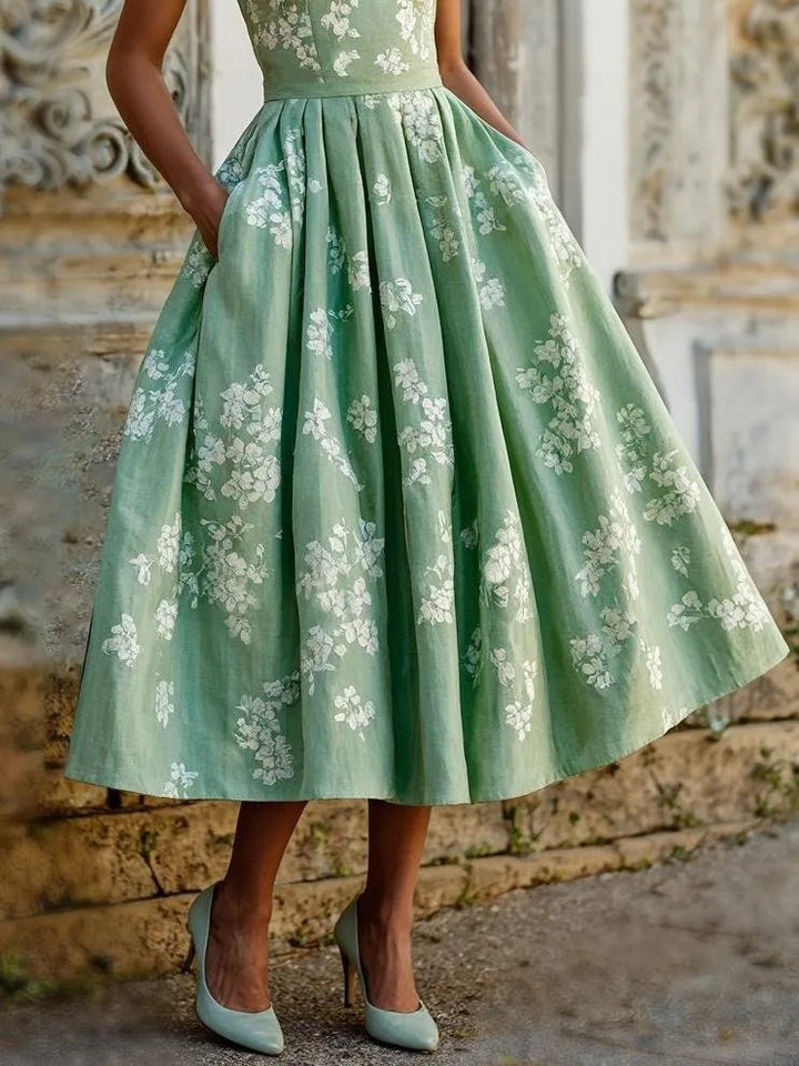 Damen Blumen Midi Kleid Schulterfreier A-Linien Schnitt Baumwoll-Leinen