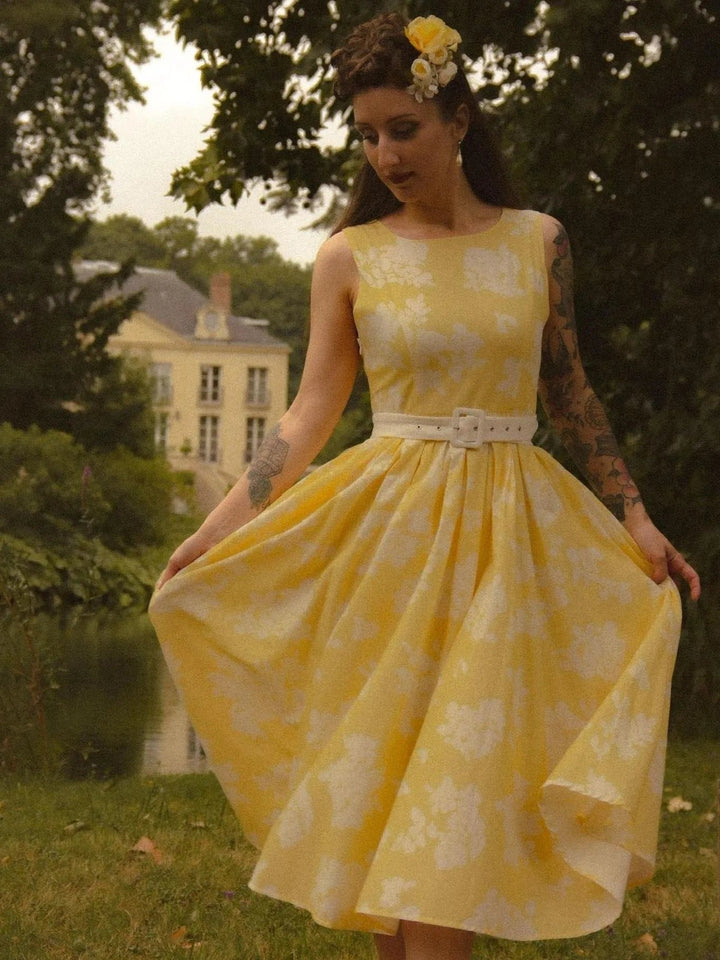 Damen Blumen Midi Kleid Schulterfreier A-Linien Schnitt Baumwoll-Leinen