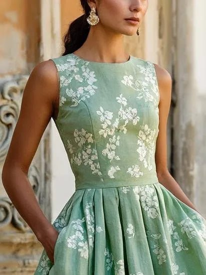 Damen Blumen Midi Kleid Schulterfreier A-Linien Schnitt Baumwoll-Leinen