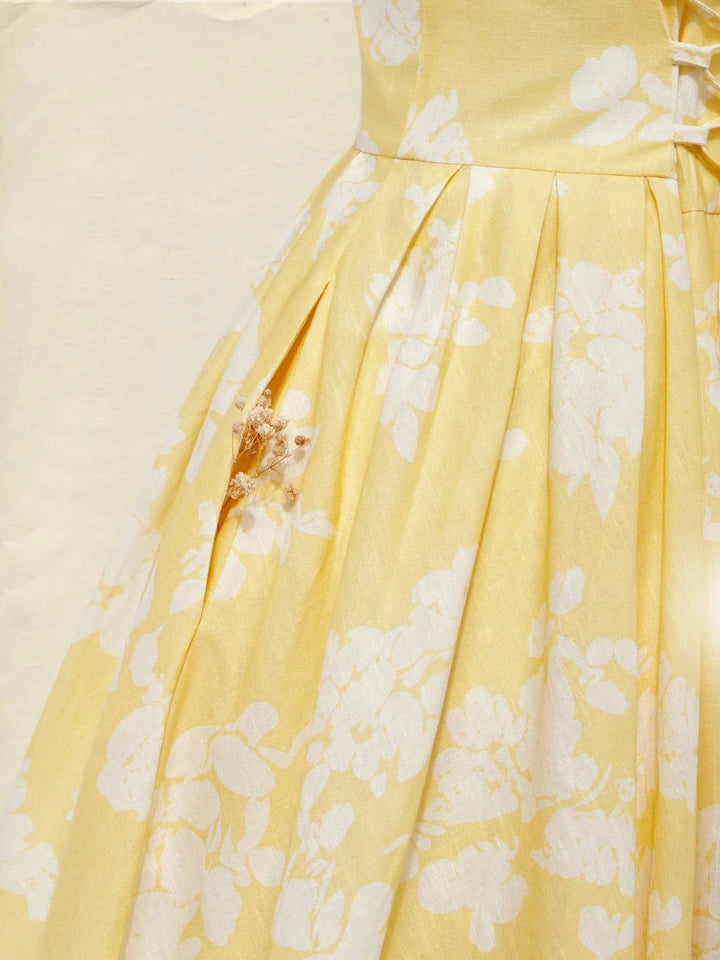 Damen Blumen Midi Kleid Schulterfreier A-Linien Schnitt Baumwoll-Leinen