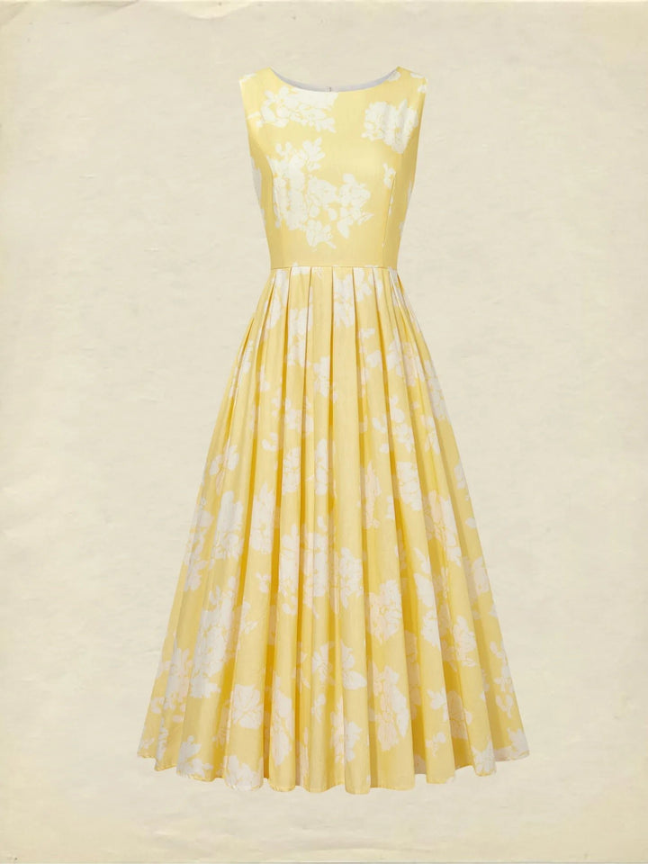 Damen Blumen Midi Kleid Schulterfreier A-Linien Schnitt Baumwoll-Leinen