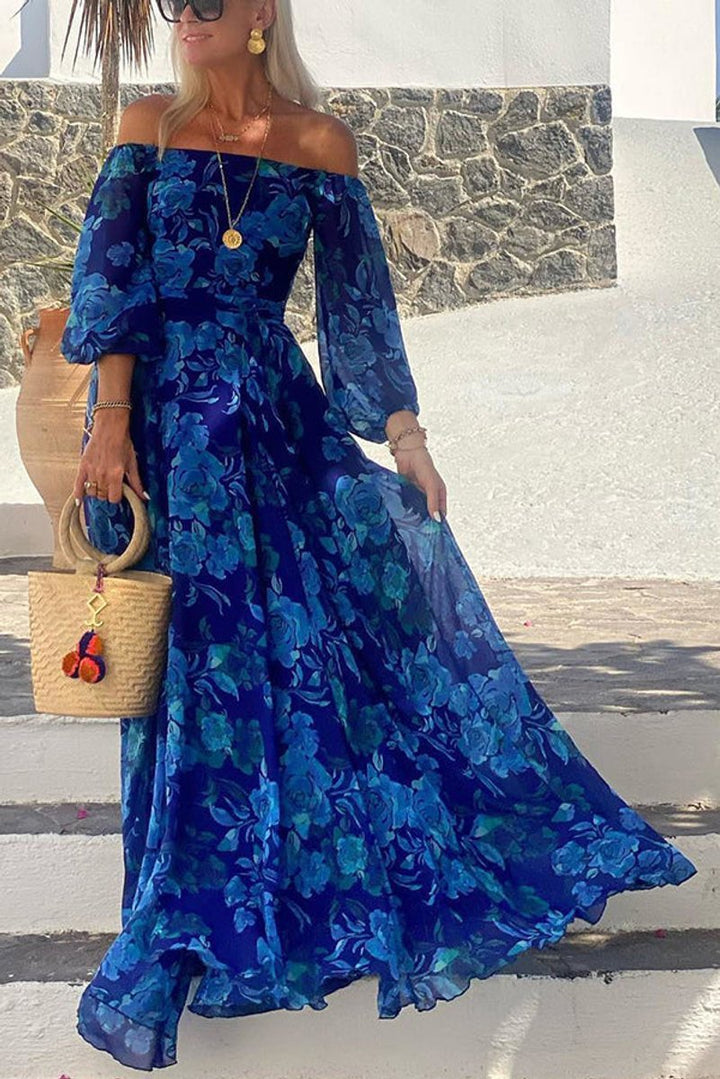 Damen Blumen Schulterfreies Maxi Brautmutter Kleid A-Linie - Blau