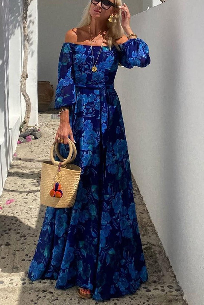 Damen Blumen Schulterfreies Maxi Brautmutter Kleid A-Linie