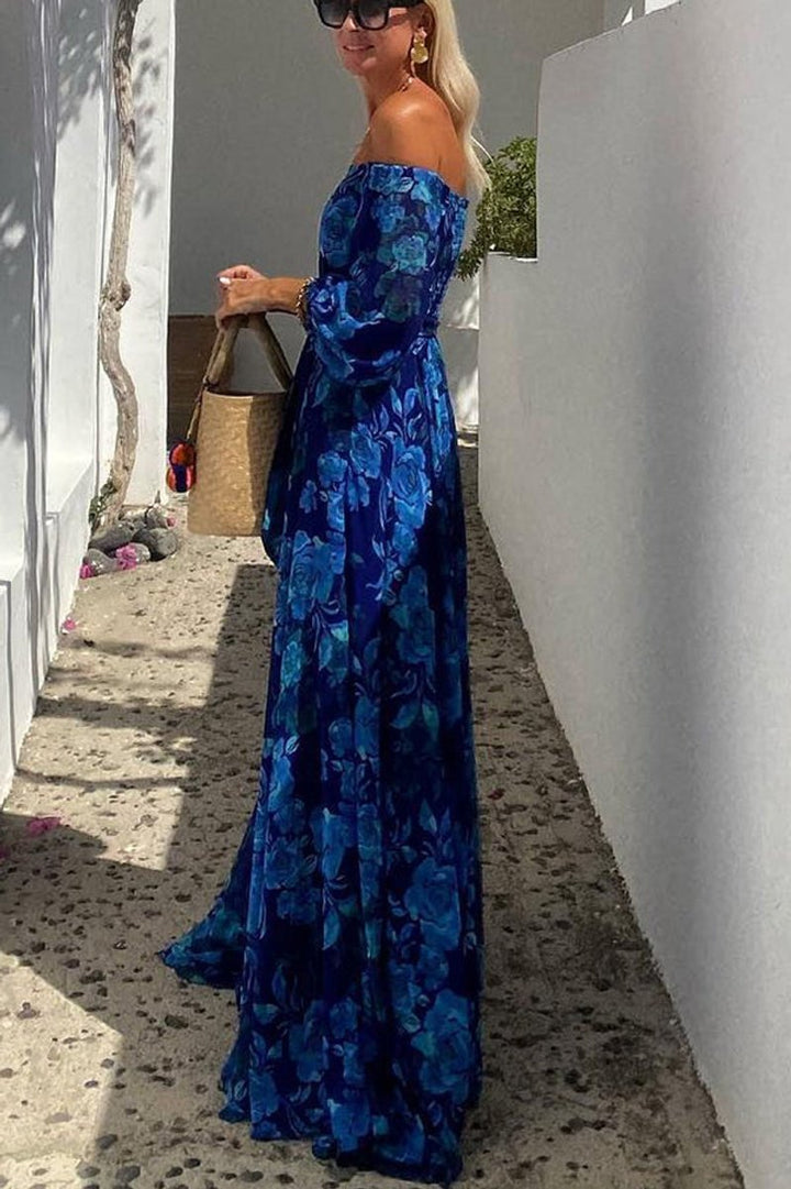 Damen Blumen Schulterfreies Maxi Brautmutter Kleid A-Linie