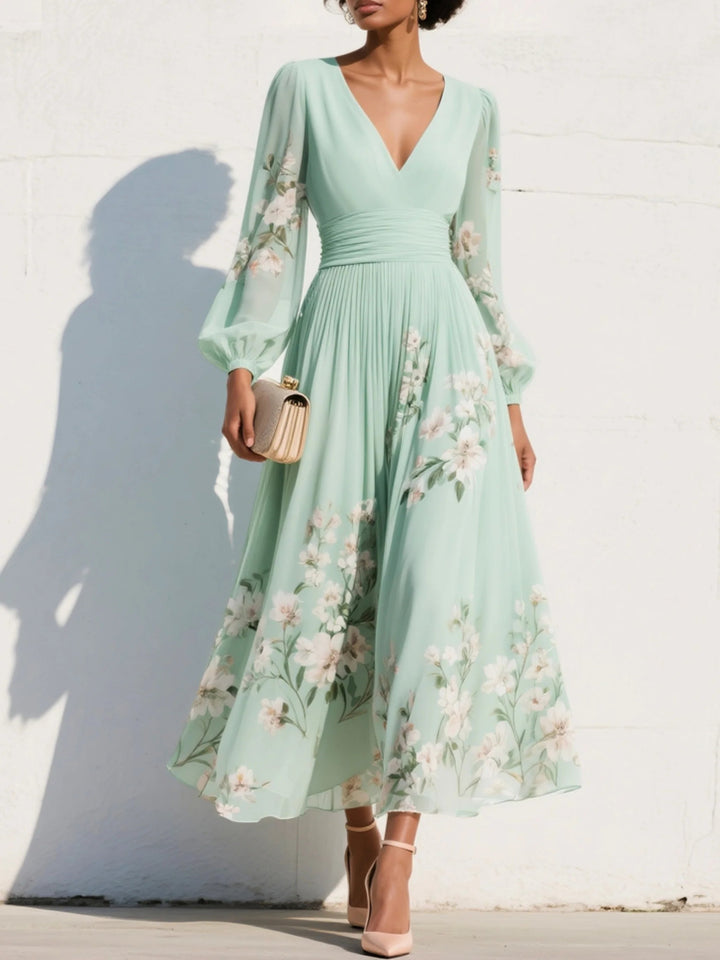 Damen Blumen V-Ausschnitt Ballonärmel Plissee Midi-Kleid - Light Green