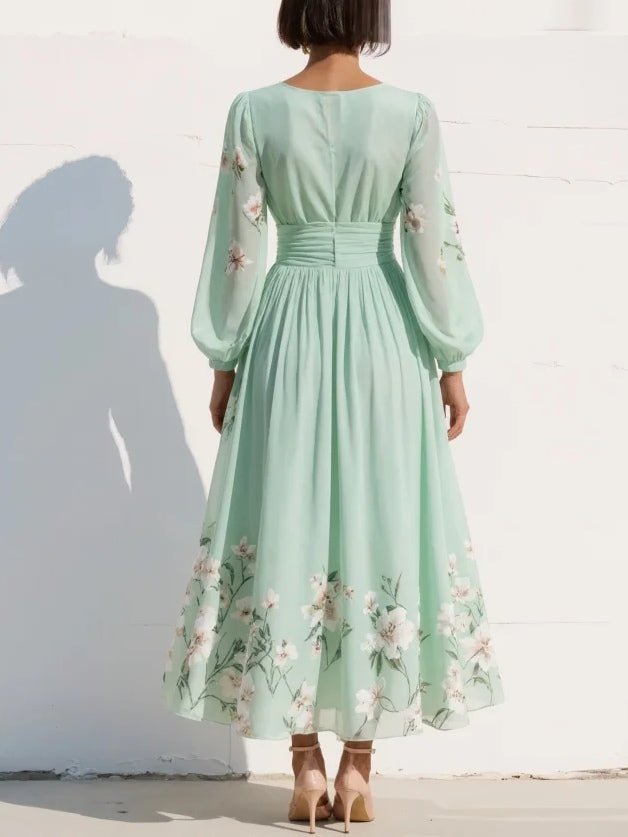 Damen Blumen V-Ausschnitt Ballonärmel Plissee Midi-Kleid