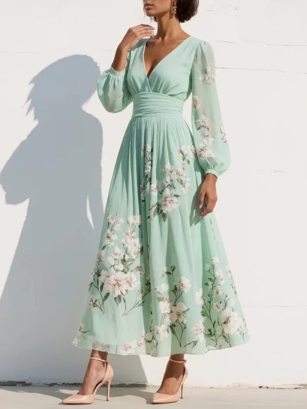 Damen Blumen V-Ausschnitt Ballonärmel Plissee Midi-Kleid