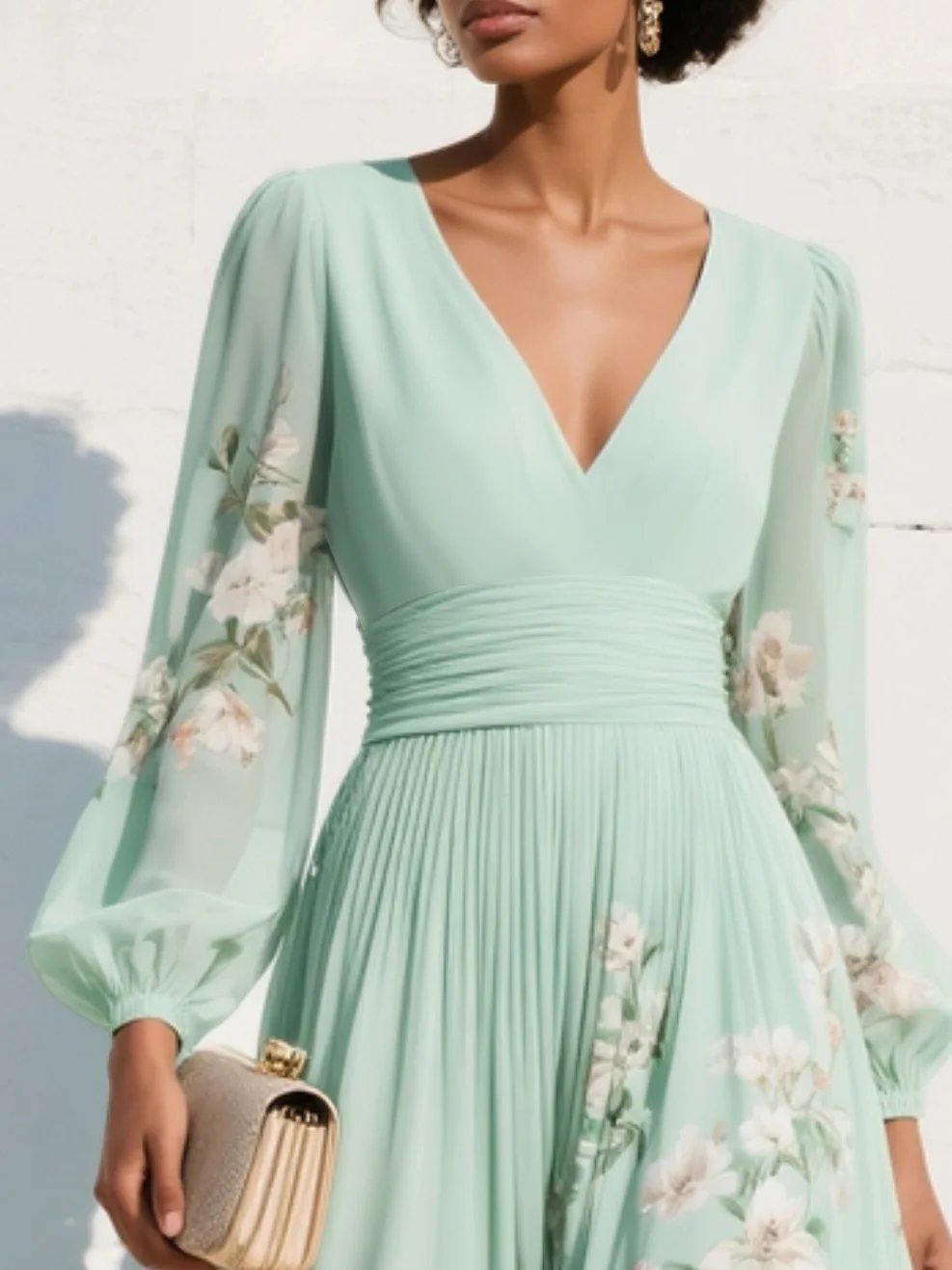 Damen Blumen V-Ausschnitt Ballonärmel Plissee Midi-Kleid