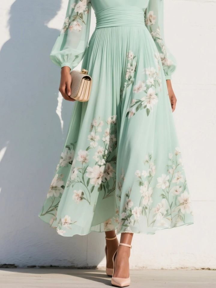 Damen Blumen V-Ausschnitt Ballonärmel Plissee Midi-Kleid