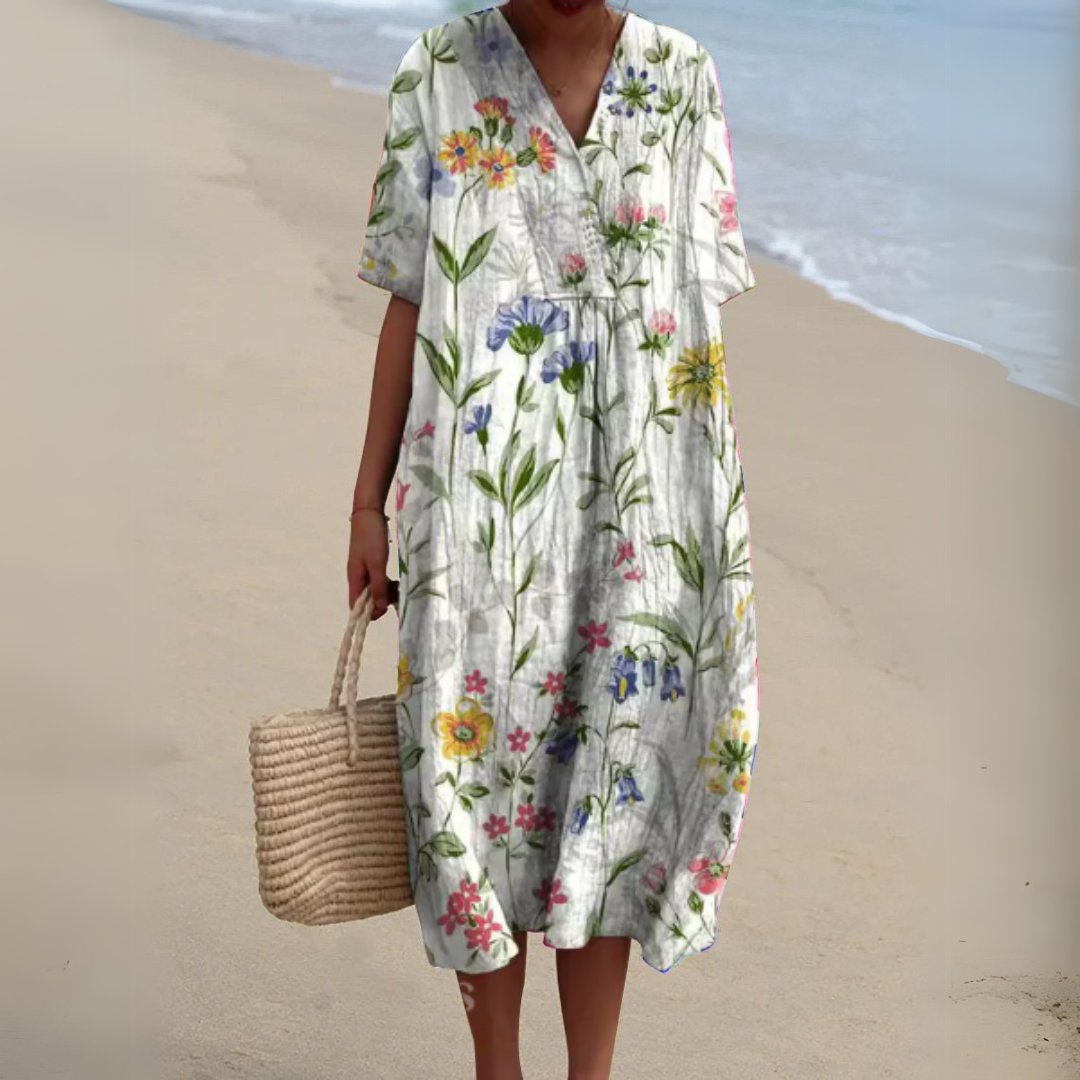 Damen Blumen V-Ausschnitt Kurzarm Midi Sommerkleid - Flower 15