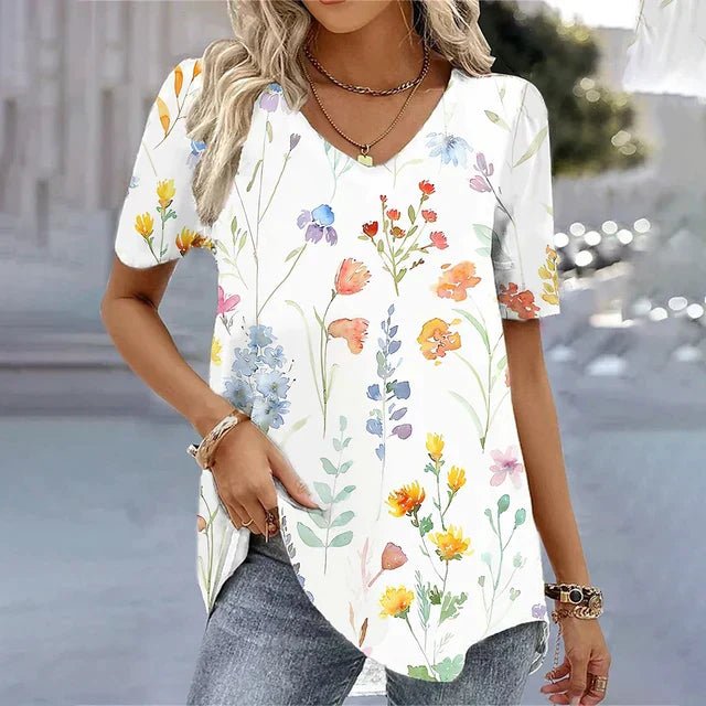 Damen Blumen V-Ausschnitt Kurzarm Top - Beige